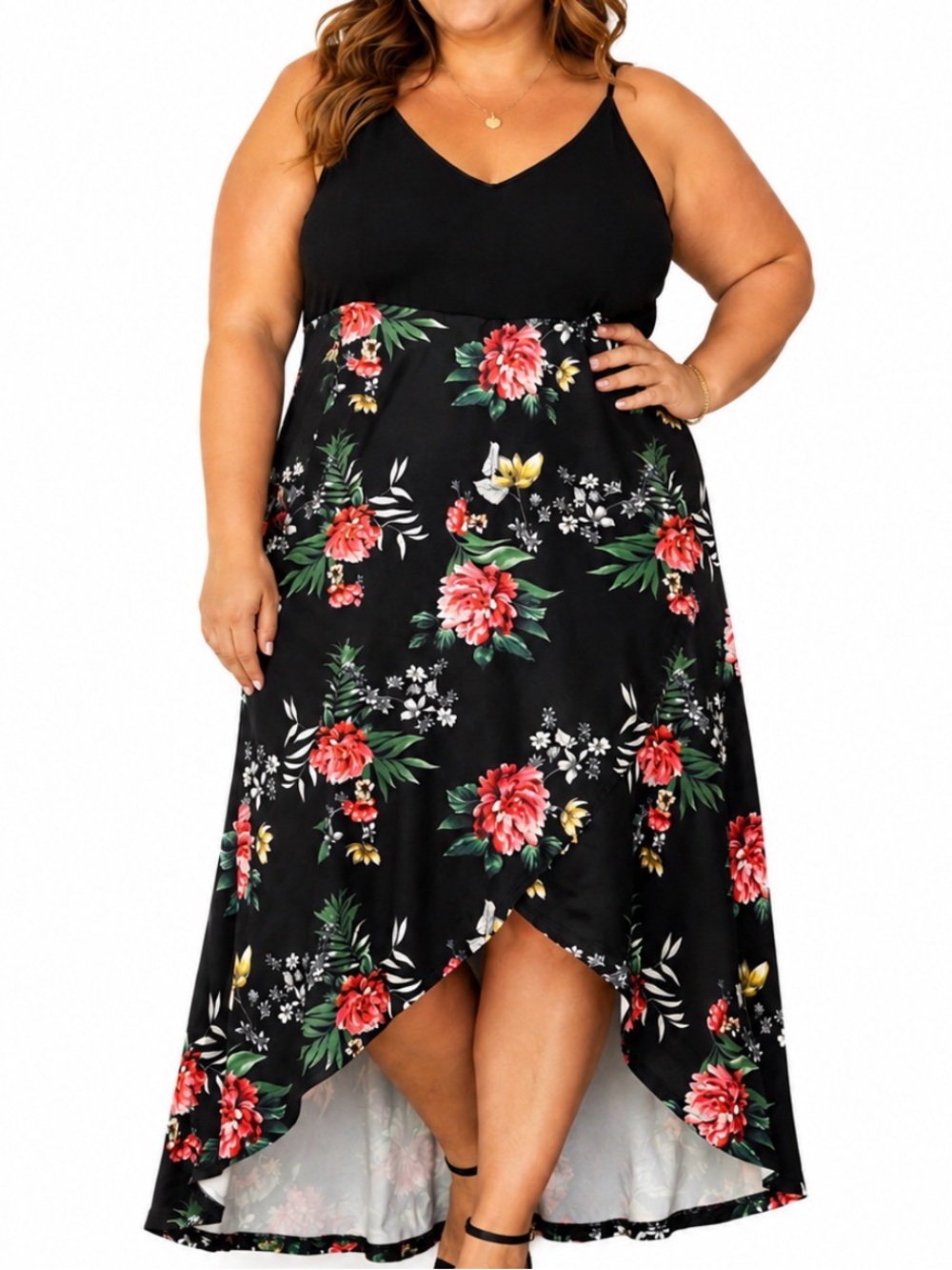 Slip Floral High-Low Maxi Skirt Black Red Floral Print built in shelf bra SZ XL